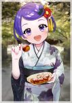  1girl amesafu bangs commentary_request dokidoki!_precure flower food hair_flower hair_ornament highres japanese_clothes kenzaki_makoto kimono looking_at_viewer new_year open_mouth precure purple_eyes purple_hair short_hair solo wide_sleeves 