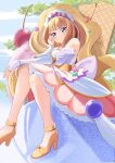  1girl apron bangs blonde_hair blue_eyes blunt_bangs blush bridal_gauntlets cure_finale delicious_party_precure hair_ornament high_ponytail highres kasai_amane long_hair magical_girl parfait precure sidelocks sitting smile solo star_(symbol) star_hair_ornament tiara tirofinire wide_ponytail 