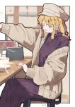  1girl absurdres blonde_hair blue_eyes cardigan chair dated dress hat highres long_hair maribel_hearn mob_cap nama_udon one_eye_closed open_cardigan open_clothes open_mouth purple_dress sitting solo touhou white_cardigan white_headwear 