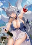  1girl animal_ear_fluff animal_ears azur_lane blue_butterfly blue_collar blue_dress blue_eyes bottle breasts bug butterfly center_opening collar cup dress drinking_glass dutch_angle evening_gown flying fox_ears halter_dress halterneck highres holding holding_bottle huge_breasts kitsune kyuubi large_tail lower_teeth_only multiple_tails official_alternate_costume on_roof open_mouth outdoors rooftop shinano_(azur_lane) shinano_(dreams_of_the_hazy_moon)_(azur_lane) sleeveless sleeveless_dress solo tail teeth thighs vanhot water white_tail wine_bottle wine_glass wrist_flower 