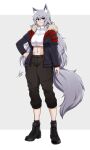  1girl absurdres airisubaka animal_ears arm_at_side artist_name black_footwear black_pants blue_eyes boots breasts commentary crop_top full_body fur_collar grey_background grey_hair hand_on_hip highres jacket large_breasts long_hair midriff navel open_clothes open_jacket original pants parted_lips signature simple_background smile solo standing symbol-only_commentary tail wolf_ears wolf_girl wolf_tail 