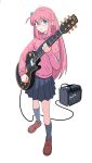  1girl blue_eyes bocchi_the_rock! brown_footwear cube_hair_ornament electric_guitar full_body gotou_hitori grey_skirt grey_socks guitar hair_between_eyes hair_ornament highres holding holding_instrument holding_plectrum instrument jacket kevin_hong loafers long_hair long_sleeves looking_at_viewer one_side_up pink_hair pink_jacket pleated_skirt plectrum shoes skirt socks solo speaker standing track_jacket white_background 
