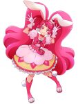  1girl animal_ears bangs bow cake_hair_ornament choker cure_whip earrings food-themed_hair_ornament food-themed_ornament fpminnie1 frills full_body gloves hair_ornament highres jewelry kirakira_precure_a_la_mode magical_girl paw_shoes pink_bow pink_choker pink_corset pink_eyes pink_gloves pink_hair pom_pom_(clothes) pom_pom_earrings precure puffy_short_sleeves puffy_sleeves rabbit_ears rabbit_girl short_sleeves smile solo twintails usami_ichika white_background 