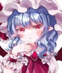 1girl ascot bangs bat_wings blue_hair bow hat hat_ribbon jaku_sono looking_at_viewer medium_hair mob_cap parted_lips pointy_ears red_ascot red_bow red_eyes red_ribbon remilia_scarlet ribbon simple_background slit_pupils solo touhou upper_body white_background white_headwear wings wrist_cuffs 