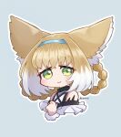  1girl animal_ear_fluff animal_ears arknights artist_name bangs bare_shoulders blonde_hair blue_background blue_hairband blush braid commentary_request cropped_torso fox_ears fox_girl green_eyes hairband highres infection_monitor_(arknights) light_smile looking_at_viewer mooootmt multicolored_hair oripathy_lesion_(arknights) solo suzuran_(arknights) white_hair 