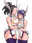  &gt;_&lt; 2girls :d animal_ears audio_jack bangs black_hair blush boku_no_hero_academia breasts commentary_request cosplay covered_navel gloves highleg highleg_leotard highres jirou_kyouka large_breasts leotard long_earlobes long_hair mirko mirko_(cosplay) multiple_girls ponytail purple_hair rabbit_ears rabbit_tail short_hair smile tail thighhighs thighs vvvmung white_gloves white_leotard xd yaoyorozu_momo 