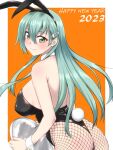  1girl 2023 alternate_costume animal_ears aqua_eyes aqua_hair ass back black_leotard border bow bowtie breasts detached_collar fake_animal_ears fake_tail fishnet_pantyhose fishnets hair_ornament hairclip highleg highleg_leotard kantai_collection large_breasts leotard long_hair looking_at_viewer looking_back mikagami_sou orange_background pantyhose playboy_bunny rabbit rabbit_ears rabbit_tail solo strapless strapless_leotard suzuya_(kancolle) tail traditional_bowtie tray upper_body white_border wrist_cuffs 