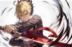  1boy black_hair blonde_hair highres holding holding_sword holding_weapon hyde_(under_night_in-birth) multicolored_hair necktie qitoli red_eyes school_uniform solo spiked_hair sword under_night_in-birth weapon white_background 