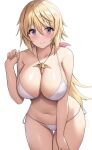  1girl absurdres bangs bikini blonde_hair blush breasts charlotte_dunois cleavage closed_mouth collarbone cowboy_shot hair_between_eyes hand_up highres infinite_stratos jasony jewelry large_breasts long_hair looking_at_viewer navel necklace purple_eyes side-tie_bikini_bottom simple_background smile solo stomach strap_pull swimsuit thigh_gap white_background white_bikini 