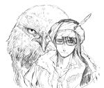  1boy bangs bird commentary eagle facial_hair fate_(series) fur-trimmed_jacket fur_trim glasses greyscale hat_feather heki0529 jacket looking_at_viewer male_focus mehmed_ii_(fate) monochrome open_collar shirt short_hair simple_background smile solo stubble turban upper_body white_background 