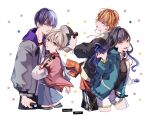  2boys 2girls absurdres aoyagi_touya azusawa_kohane bangs black_hair blonde_hair blue_hair blue_sky closed_mouth clothes_around_waist dark_blue_hair drawing gradient_hair hair_between_eyes hair_down hair_ornament hat headphones highres holding holding_microphone hood hood_down hooded_jacket hoodie jacket jacket_around_waist jewelry light_brown_hair long_hair long_sleeves microphone multicolored_hair multiple_boys multiple_girls necklace open_clothes open_jacket open_mouth orange_eyes project_sekai shinonome_akito shiraishi_an short_hair short_twintails shorts sky star_(symbol) streaked_hair teeth thighhighs twintails upper_teeth_only user_mvaf2452 vivid_bad_squad_(project_sekai) white_background yellow_star 