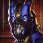  1:1 2022 ambiguous_gender artist_name black_collar blue_body blurred_background blush bust_portrait collar dated dragon glistening glistening_eyes grey_horn horn icon inside muzzle_(object) muzzled narrowed_eyes portrait sabredragon scales scalie slash_freezen solo yellow_body yellow_eyes yellow_scales 
