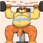  1:1 alanottaviano animal_crossing anthro barazoku barbell bear belly bottomless bottomless_male brown_bear brown_body brown_fur clothed clothing exercise fur genitals hi_res male mammal musclegut muscular muscular_male nintendo overweight overweight_male penis solo teddy_(animal_crossing) ursine weightlifting workout 