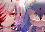  1boy 1girl animal_nose cang_she closed_mouth expressionless green_eyes hair_over_one_eye looking_at_viewer portrait red_hair sage_(sonic) serious short_hair sonic_(series) sonic_frontiers sonic_the_hedgehog white_hair 