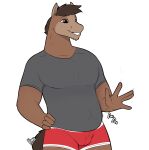  5_fingers absurd_res almy anthro brick_heartstone briefs bulge chubby_anthro chubby_male clothing digital_media_(artwork) equid equine fingers grey_clothing grey_shirt grey_topwear hair hand_on_hip hi_res horse impact_lines male mammal open_hand patting_belly red_briefs red_clothing red_underwear shirt signature simple_background smile solo standing text topwear underwear white_background 
