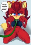  2023 absurd_res anthro archie_comics bedroom_eyes blue_eyes blush bottomless canid canine clothed clothing dialogue english_text female fiona_fox fox genitals hair hi_res kneeling leash_and_collar looking_at_viewer mammal narrowed_eyes pussy red_hair saltorii seductive sega simple_background smile smiling_at_viewer solo sonic_the_hedgehog_(archie) sonic_the_hedgehog_(comics) sonic_the_hedgehog_(series) text 