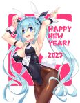  1girl 2023 animal_ears aqua_hair arm_belt armpits arms_up bare_shoulders blue_eyes breasts brown_pantyhose bunny_pose center_frills chinese_zodiac cleavage covered_nipples cowboy_shot detached_collar frills hair_between_eyes happy_new_year highleg highleg_leotard highres kuro_work large_breasts leotard long_hair looking_at_viewer new_year open_mouth original pantyhose playboy_bunny rabbit rabbit_ears rabbit_tail sideways_glance solo strapless strapless_leotard tail tuxedo_leotard twintails very_long_hair wide_hips wrist_cuffs year_of_the_rabbit 
