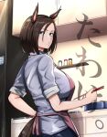  1girl air_groove_(umamusume) animal_ears apron back bento blue_eyes breasts brown_hair chopsticks eyeliner highres holding holding_chopsticks horse_ears horse_girl horse_tail looking_at_viewer makeup megao_3rd open_mouth refrigerator short_hair solo tail umamusume 