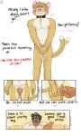  2022 3:5 5_fingers anthro biped black_body black_collar black_fur black_hair black_nose blush brown_body brown_fur canid canine canis chuck_(p_rindustries) clothed clothing collar comic dialogue digital_drawing_(artwork) digital_media_(artwork) domestic_cat domestic_dog embarrassed english_text felid feline felis fingers fur genitals hair hi_res male male/male mammal mastiff molosser nipples nude p_rindustries penis pink_nose rottweiler simple_background size_difference small_penis smile submissive submissive_male tabby_cat text tuft white_background will_(p_rindustries) 