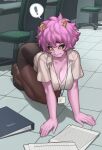  absurd_res all_fours ashido_mina big_breasts black_sclera bottomwear breasts chair cleavage clothed clothing exclamation_point female footwear fully_clothed furniture hi_res high_heels horn humanoid inside lanyard leggings legwear lentiyay my_hero_academia office office_chair office_lady paper pink_body pink_skin skirt solo yellow_eyes 