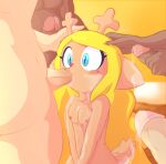  absurd_res anthro bed bingbingo_(artist) blonde_hair blue_eyes blurred_background blush bodily_fluids breasts cum cum_covered cum_on_body cum_on_breasts cum_on_ear cum_on_face cum_on_tail dark_body dark_skin deer deltarune doe_with_antlers ejaculation fellatio female freckles furniture gangbang genital_fluids genitals group group_sex hair hand_on_head head_pat hi_res human human_on_anthro interspecies long_hair male male/female mammal messy nipples noelle_holiday nude oral pale_skin penile penis pillow red_nose sex size_difference small_breasts tail undertale_(series) 