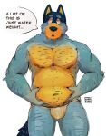  2023 absurd_res andre_roart anthro australian_cattle_dog bandit_heeler belly belly_grab bluey_(series) bulge canid canine canis cattledog chubby_anthro chubby_male clothed clothing dialogue domestic_dog english_text eyebrows front_view fur herding_dog hi_res jockstrap looking_down love_handles male mammal mature_anthro mature_male musclegut muscular muscular_anthro muscular_male narrowed_eyes navel nipples pastoral_dog pecs simple_background solo standing talking_to_viewer text topless topless_anthro topless_male tuft underwear watermark white_background 