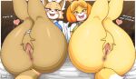  &lt;3 2023 5_fingers absurd_res aggressive_retsuko ailurid animal_crossing anthro anus artist_name bed blush bottomless bottomless_anthro bottomless_female butt canid canine canis clothed clothing crossover dialogue dipstick_tail domestic_dog duo english_text eyelashes female fingers furniture genitals hi_res impregnation_request isabelle_(animal_crossing) jhenightfox legs_up looking_at_viewer lying mammal markings nintendo on_back on_bed open_mouth pussy red_panda retsuko sanrio shih_tzu spread_pussy spreading tail tail_markings talking_to_viewer text thick_thighs toy_dog 