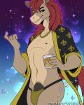  alcohol alcoholic_drink anthro bathrobe bedroom_eyes beverage bulge clothing equid equine hi_res horse jockstrap male mammal moleigh narrowed_eyes nipples rancidious robe seductive solo underwear 