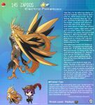  anthro avian blonde_hair breasts chibi clothed clothing european_mythology female generation_1_pokemon greek_mythology hair harpy headgear headwear hi_res human humanoid kinkymation legendary_pokemon long_hair male mammal mythological_avian mythology nintendo pokemon pokemon_(species) pokemorph talons text wings zapdos 