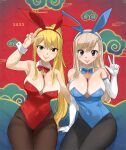  2023 2girls animal_ears arm_support black_pantyhose blonde_hair blue_eyes blue_leotard blush breasts brown_eyes cleavage closed_mouth commentary covered_navel creator_connection crossover detached_collar eden&#039;s_zero elbow_gloves fairy_tail fake_animal_ears gaston18 gloves highleg highleg_leotard highres large_breasts leotard long_hair looking_at_viewer lucy_heartfilia multiple_girls pantyhose playboy_bunny ponytail rabbit_ears rebecca_bluegarden red_leotard sitting smile solo spanish_commentary v w white_gloves wrist_cuffs 