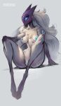  absurd_res anthro breasts female fur genitals hair hi_res kindred_(lol) league_of_legends long_hair markings mask pussy redrime riot_games simple_background sitting small_waist solo tuft white_body white_fur 