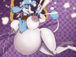  2023 anthro areola arm_tuft belly big_belly big_breasts bird&#039;s-eye_view blue_hair bodily_fluids bow_ribbon breasts canid canine canis disney domestic_dog eyeshadow fangs female floppy_ears fur genitals georgette_(disney) grin hair hi_res high-angle_view lactating lying makeup mammal neck_accessory nipple_fetish nipple_pinch nipple_play nipples nude oliver_and_company on_side paws pillow pinch poodle pose pregnant pregnant_female pussy signature smile tail tail_tuft tauttum teeth tuft white_body white_fur wrist_tuft 