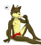  abs anthro athletic athletic_male band-aid bandage bodily_fluids canid canine canis clothed clothing dessert domestic_dog food ice_cream male mammal muscular_cub sceptile_(artist) solo speedo sweat swimwear topless young 