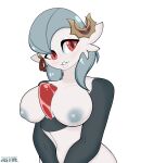  2022 accessory anthro bell big_breasts breasts fan_character female gardevoir generation_3_pokemon hair hi_res inverted_nipples just_mae nintendo nipples not_furry pokemon pokemon_(species) red_eyes signature silver_areola silver_hair silver_nipples solo testament_(solar_kosmo) white_body 