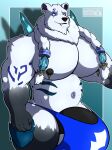  absurd_res anthro bear big_breasts big_bulge breasts bulge fur hair hi_res league_of_legends looking_at_viewer male mammal muscular muscular_anthro muscular_male nipples piercing polar_bear raptorart riot_games runes simple_background smile solo ursine video_games volibear white_body white_fur 