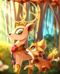  2019 absurd_res antlers black_nose bramble_(mlp) deer digital_media_(artwork) digital_painting_(artwork) duo father father_and_child father_and_son feral flower forest fur green_eyes hasbro hi_res horn idw_publishing kaleido-art king_aspen_(mlp) light male mammal my_little_pony my_little_pony_(idw) open_mouth orange_eyes parent parent_and_child plant quadruped regalia side_view smile son sunlight tan_body tan_fur tree white_body white_fur yellow_antlers 