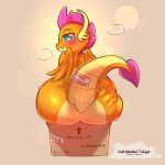  1:1 2023 ambiguous_gender anthro blush bodily_fluids box butt cold-blooded-twilight container digital_media_(artwork) dragon english_text eyebrows fingers friendship_is_magic hasbro hi_res looking_back my_little_pony rear_view simple_background smolder_(mlp) solo sweat text wings 