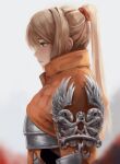  1girl armor blonde_hair capelet chozo_statue dana_(ocana_dana) high_ponytail highres long_hair looking_to_the_side metroid orange_capelet samus_aran simple_background solo white_background 