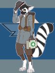  2022 4_toes absurd_res anthro backpack black_body black_fur black_nose clothed clothing digitigrade feet foxhole fur green_eyes grey_body grey_fur hair hat headgear headwear hi_res lemur looking_at_viewer male mammal medic_cross military primate ring-tailed_lemur smile solo strepsirrhine the_man tipping_hat toes 