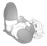  1girl ahoge anus blush_stickers clothes_lift ear_piercing full_body greyscale itsukarine lifted_by_self long_sleeves lying monochrome navel on_back original piercing pointy_ears pussy short_hair simple_background solo sweater sweater_lift thighhighs uncensored white_background 