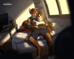  anthro bed bedroom canid canine canis domestic_dog duo ewademar fox furniture hi_res male mammal 