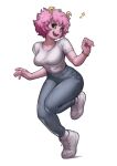  absurd_res ashido_mina black_sclera bottomwear breasts clock clothed clothing denim denim_clothing female footwear fully_clothed hair hi_res horn humanoid jeans lentiyay my_hero_academia on_one_leg pants pink_body pink_hair pink_skin pose shirt shoes simple_background smile sneakers solo standing t-shirt topwear watch white_background wristwatch yellow_eyes 