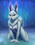  2023 5_fingers absurd_res anthro areola bedroom_eyes blep breasts female fingers fur hi_res ice lagomorph lennoxicon leporid looking_at_viewer mammal narrowed_eyes nipples purple_eyes rabbit seductive snow solo tongue tongue_out watermark white_body white_fur 