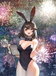  1girl aerial_fireworks animal_ears bangs black_hair breasts chinese_zodiac covered_navel cowboy_shot crossed_bangs detached_collar evening fireworks hair_between_eyes happy_new_year highres holding holding_stylus holding_tablet_pc large_breasts light_blush looking_at_viewer medium_hair new_year open_mouth playboy_bunny rabbit_ears rabbit_tail siriuflong smile solo stylus tablet_pc tail teeth thighs tongue tree upper_body upper_teeth_only wrist_cuffs year_of_the_rabbit 