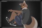  anthro bottomwear brown_body brown_fur canid canine canis cigarette cigarette_smoke clothed clothing digital_media_(artwork) dreamworks footwear fur hi_res holding_cigarette holding_object looking_at_viewer male mammal mr._wolf_(the_bad_guys) risangdrawstuff shirt shoes shorts simple_background sitting solo the_bad_guys topwear wolf 