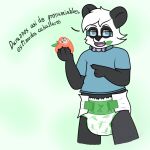  bamboo bear black_and_white_fur clothed clothing diaper dominic_(fennecat) eyewear fennecat_(artist) food fruit giant_panda glasses infantilism leaf_in_mouth male mammal peach_(fruit) plant solo spanish_text sticker text translated watermark wearing_diaper 