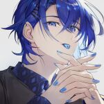  1boy bangs black_jacket blue_eyes blue_hair blue_nails blue_shirt blue_tongue chap_sal_! collared_shirt colored_tongue commentary grey_background hair_behind_ear hair_ornament hairclip interlocked_fingers jacket kaito_(vocaloid) male_focus nail_polish portrait project_sekai shirt solo symbol-only_commentary tongue tongue_out vocaloid 