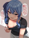  1girl blue_eyes blue_hair breasts clothes_pull downblouse furrowed_brow hololive hoshimachi_suisei looking_at_viewer nipples pulled_by_self seductive_smile shiro_sousu shirt_pull side_ponytail small_breasts smile solo speech_bubble star_(symbol) star_in_eye symbol_in_eye translation_request virtual_youtuber wavy_hair 