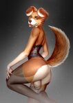  anthro big_butt brown_body brown_fur butt canid canine canis clothed clothing corset crossdressing daven_(dado463art) domestic_dog drjdfh floppy_ears fur girly hi_res legwear lingerie male mammal no_underwear one_eye_closed partially_clothed side_view small_waist solo stockings thick_thighs thigh_highs tongue tongue_out topwear wink 