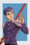  1boy abs absurdres armor blue_bodysuit blue_hair bodysuit covered_navel cu_chulainn_(fate) cu_chulainn_(fate/stay_night) earrings fang fate/stay_night fate_(series) gae_bolg_(fate) grin highres holding holding_polearm holding_weapon jewelry jkataishi long_hair male_focus muscular muscular_male one_eye_closed pauldrons pectorals polearm red_eyes shoulder_armor simple_background skin_tight smile solo spiked_hair weapon 